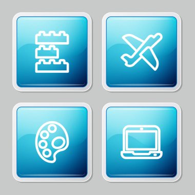 Oyuncak yapı taşı tuğlaları, uçak, palet ve dizüstü bilgisayar simgesini ayarlayın. Vektör