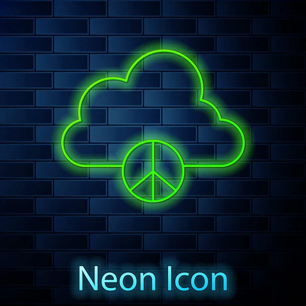 Linha de néon brilhante ícone de nuvem de paz isolado no fundo da parede de tijolo. Símbolo hippie da paz. Vetor — Vetor de Stock