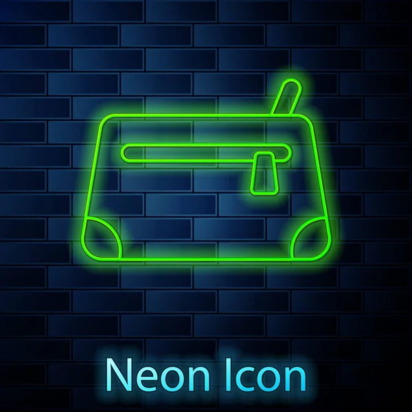 Linea neon incandescente icona sacchetto cosmetico isolato su sfondo muro di mattoni. Vettore — Vettoriale Stock