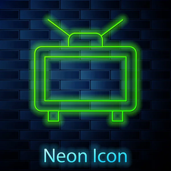 Gloeiende neon lijn Voetbal voetbalwedstrijd op TV pictogram geïsoleerd op bakstenen muur achtergrond. Voetbal online concept. Vector — Stockvector