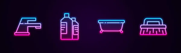 Set line Water tap, Botol untuk agen pembersih, Bathtub dan Brush. Glowing ikon neon. Vektor - Stok Vektor