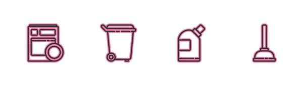Beállítás vonal Konyha mosogatógép, Palack tisztítószer, Kuka és Gumi dugattyú ikon. Vektor — Stock Vector