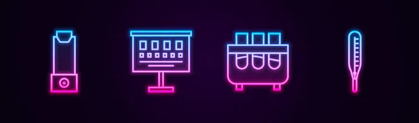 Set line Inhalator, Augenmuster, Reagenzglas und Kolben und medizinisches Thermometer. Leuchtende Leuchtschrift. Vektor — Stockvektor