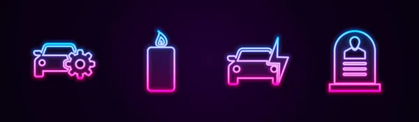 Definir linha de serviço de carro, Vela em chamas, carro elétrico e lápide com RIP escrito. Ícone de néon brilhante. Vetor — Vetor de Stock