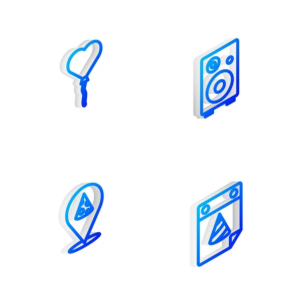 Set Isometric Line Stereo Lautsprecher, Luftballons in Herzform, Slice Pizza und Kalender Party-Symbol. Vektor — Stockvektor
