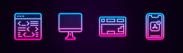 Liniensoftware, Computerbildschirm, Tastatur und mobile Apps. Leuchtende Leuchtschrift. Vektor — Stockvektor