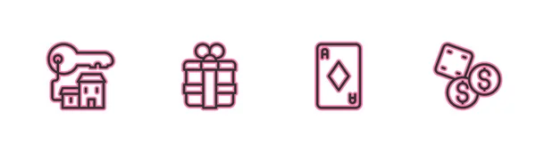 Definir linha Casa vencedora com chave, Jogando diamantes de cartão, Caixa de presente e ícone de dados do jogo. Vetor — Vetor de Stock