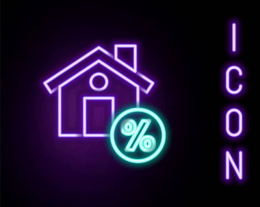 Siyah arkaplanda izole edilmiş indirimli etiket simgesi olan parlak neon hattı House. Emlak evi. Kredi yüzdesi sembolü. Renkli taslak konsepti. Vektör