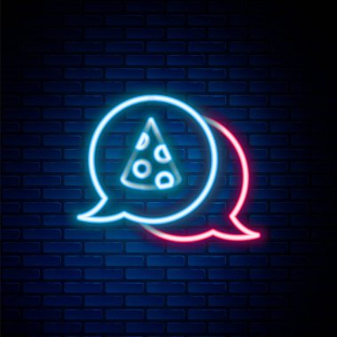 Parlayan neon hattı pizza dilimi tuğla duvar arkasında izole edilmiş. Fast food menüsü. Renkli taslak konsepti. Vektör