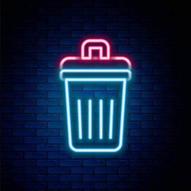 Parlayan neon hattı çöp kutusu simgesi tuğla duvar arka planında izole edildi. Çöp kutusu tabelası. Sepet simgesini geri dönüştür. Ofis çöpü ikonu. Renkli taslak konsepti. Vektör