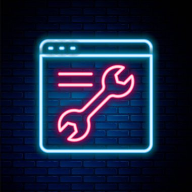 Parlayan neon hattı tarayıcı ayarı simgesi tuğla duvar arka planında izole edildi. Ayarlama, servis, bakım, onarım, onarım. Renkli taslak konsepti. Vektör