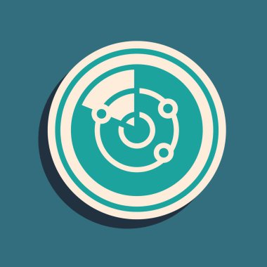 Yeşil arkaplanda izole edilmiş ikonu ararken hedefleri olan yeşil Radar. Arama sistemi. Donanma sonarı. Uzun gölge tarzı. Vektör