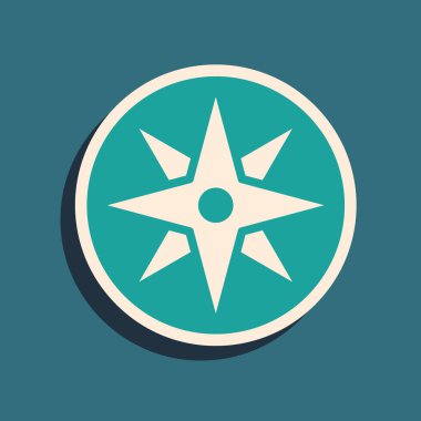 Yeşil Rüzgar gül simgesi yeşil arkaplanda izole edildi. Seyahat için pusula simgesi. Navigasyon tasarımı. Uzun gölge tarzı. Vektör