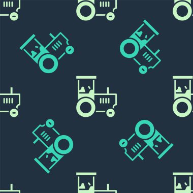 Yeşil ve bej renkli traktör ikonu mavi arkaplandaki kusursuz deseni izole etti. Vektör