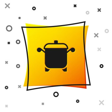 Beyaz arka planda siyah tencere simgesi izole edildi. Haşlama ya da güveç besin sembolü. Sarı kare düğme. Vektör