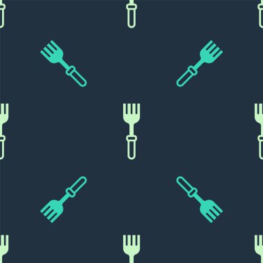 Yeşil ve bej çatal simgesi mavi arkaplanda pürüzsüz desen izole etti. Çatal bıçak sembolü. Vektör
