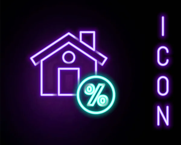 Žhnoucí neonovou linku Dům s výraznou ikonu slevové značky izolované na černém pozadí. Realitní dům. Symbol procenta kreditu. Barevný koncept. Vektor — Stockový vektor