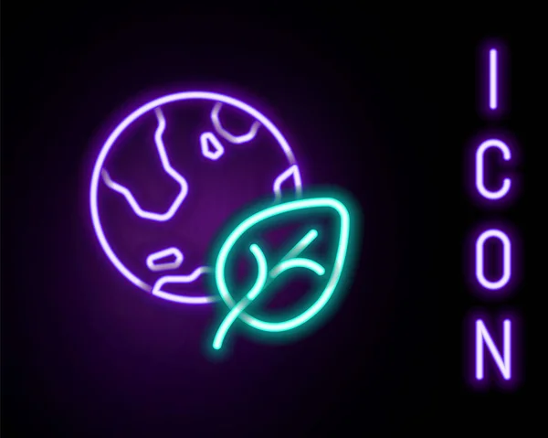 Leuchtende Neon-Linie Erdkugel und Blatt-Symbol isoliert auf schwarzem Hintergrund. Welt- oder Erdzeichen. Geometrische Formen. Umweltkonzept. Buntes Rahmenkonzept. Vektor — Stockvektor