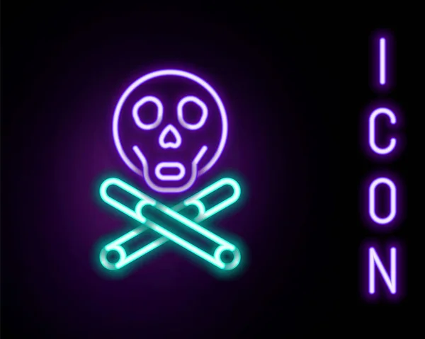 Glowing neon line Bones and skull as a sign of toxicity warning icon isolated on black background. Colorful outline concept. Vector — Stock Vector