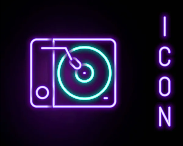 Linha de néon brilhante Jogador de vinil com um ícone de disco de vinil isolado no fundo preto. Conceito de esboço colorido. Vetor — Vetor de Stock