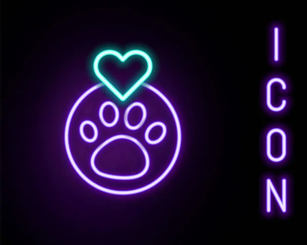 Świecąca neonowa linia Serce ze zwierzęcą ikoną odcisku na czarnym tle. Pet łapa w sercu. Pozdrowienia dla zwierząt. Kolorowy koncept. Wektor — Wektor stockowy