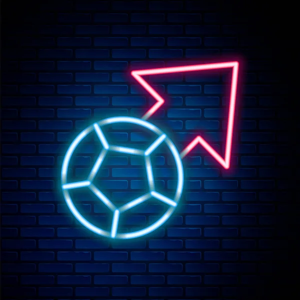 Lumineux néon ligne ballon de football icône isolée sur fond de mur de briques. Équipement sportif. Concept de contour coloré. Vecteur — Image vectorielle