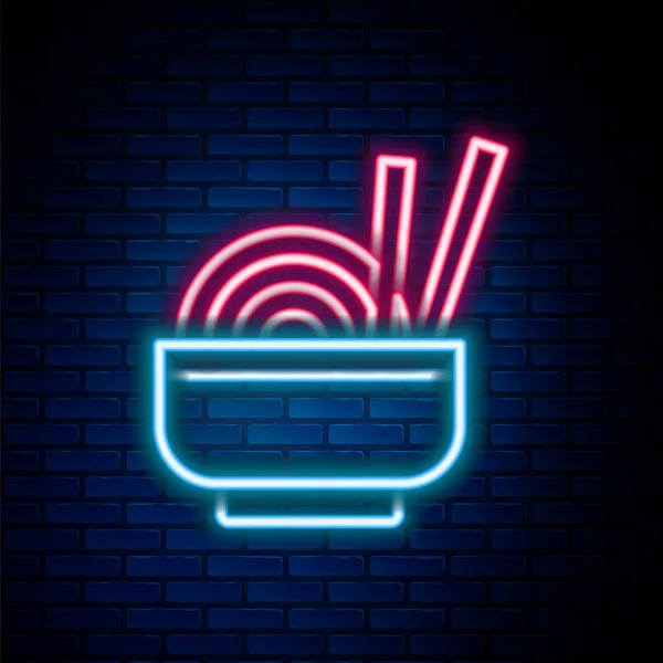 发亮的霓虹灯线亚洲面条碗和筷子图标孤立在砖墙背景.街上的快餐韩国菜、日本菜、中国菜五彩缤纷的概念.B.病媒 — 图库矢量图片