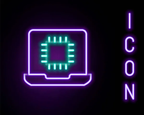 Világító neon vonal Számítógépes processzor mikroáramkörökkel CPU ikon elszigetelt fekete alapon. Chip vagy cpu áramköri kártyával. Mikroprocesszor. Színes vázlat koncepció. Vektor — Stock Vector