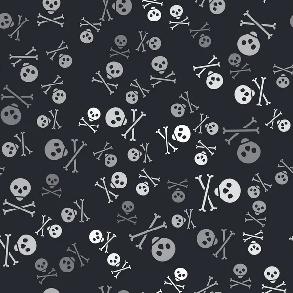 Caveira cinza no ícone de ossos cruzados padrão sem costura isolado no fundo preto. Feliz festa de Halloween. Vetor — Vetor de Stock