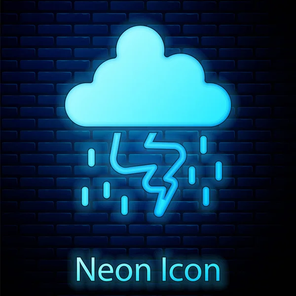 Świecąca neonowa ikona Burzy odizolowana na ceglanym tle ściany. Chmura i piorun. Ikona pogody. Wektor — Wektor stockowy