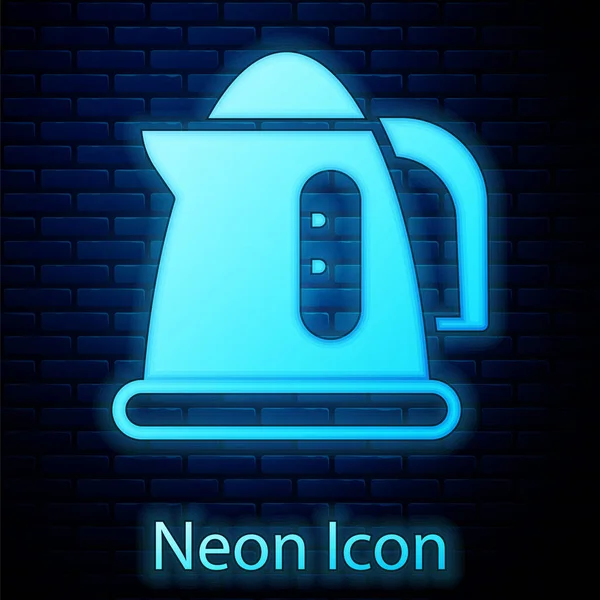 Leuchtendes neonfarbenes Wasserkocher-Symbol isoliert auf Ziegelwand-Hintergrund. Teekanne vorhanden. Vektor — Stockvektor