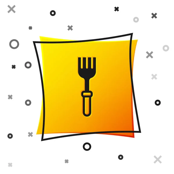 Black Fork icon isolated on white background. Cutlery symbol. Yellow square button. Vector — Stock Vector