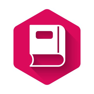 Beyaz Kitap simgesi uzun gölge arkaplanı ile izole edilmiş. Pembe altıgen düğmesi. Vektör