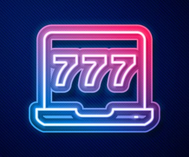 Parlayan neon hattı dizüstü bilgisayar ve slot makinesi mavi arka planda izole edilmiş şanslı yedili ikramiye ikonu. İnternetteki kumarhane. Vektör