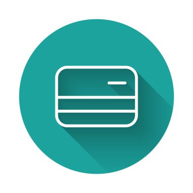 Beyaz çizgi kredi kartı simgesi uzun gölgeli. Çevrimiçi ödeme. Nakit çekilmesi. Finansal operasyonlar. Alışveriş tabelası. Yeşil daire düğmesi. Vektör