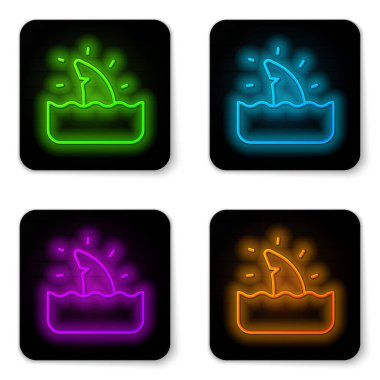 Beyaz arkaplanda parlayan neon çizgisi köpekbalığı yüzgeci. Siyah kare düğme. Vektör