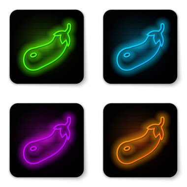 Parlayan neon hattı patlıcan simgesi beyaz arkaplanda izole edildi. Siyah kare düğme. Vektör