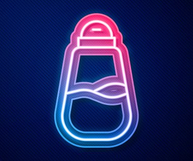 Parlayan neon hattı tuzu simgesi mavi arkaplanda izole edildi. Yemek pişirme baharatları. Vektör