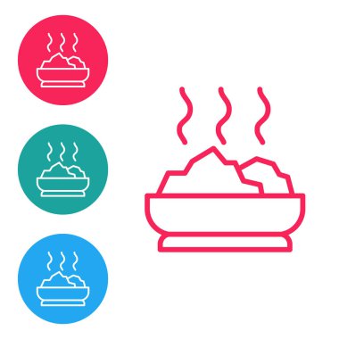 Kırmızı çizgili çorba kasesi beyaz arka planda izole edilmiş. Simgeleri daire düğmelerine ayır. Vektör