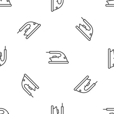 Gri çizgi elektrikli demir ikon beyaz arka planda kusursuz desen izole etti. Buhar ütüsü. Vektör