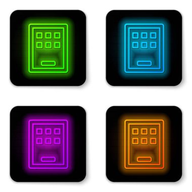 Parlayan neon hattı grafiksel tablet simgesi beyaz arkaplanda izole edildi. Siyah kare düğme. Vektör