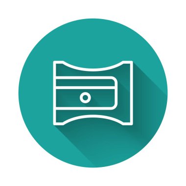 Beyaz çizgi kalem açacağı simgesi uzun gölge arkaplanı ile izole edildi. Yeşil daire düğmesi. Vektör