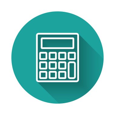 Beyaz çizgi hesap makinesi simgesi uzun gölge arkaplanı ile izole edildi. Muhasebe sembolü. İş hesaplamaları matematik eğitimi ve finans. Yeşil daire düğmesi. Vektör