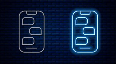 Parlayan neon hattı. Tuğla duvar arka planında izole edilmiş telefon simgesindeki yeni sohbet mesajları bildirimi. Smartphone sohbet mesajları konuşma baloncukları. Vektör