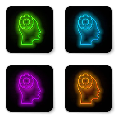 Parlak neon hattı insan kafası ve beyaz arka planda izole edilmiş ikon içerisindeki teçhizat. Yapay zeka. Düşünen beyin. Beynin sembol çalışması. Siyah kare düğme. Vektör