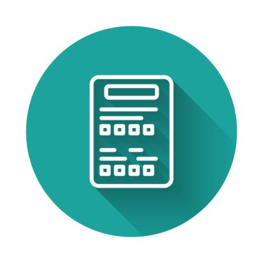 Beyaz çizgi sınav kağıdı simgesi uzun gölge arkaplanı ile izole edildi. Sınav kağıdı, sınav ya da araştırma konsepti. Sınav ya da sınav. Yeşil daire düğmesi. Vektör