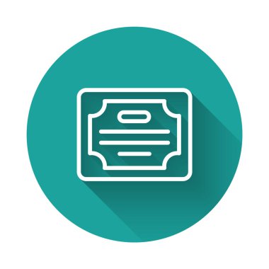 Beyaz çizgi sertifika şablon simgesi uzun gölge arkaplan izole. Başarı, ödül, diploma, burs, diploma kavramları. Yeşil daire düğmesi. Vektör