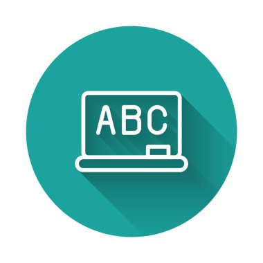 Beyaz çizgi kireçtaşı simgesi uzun gölge arkaplanı ile izole edildi. Okul karatahtası. Yeşil daire düğmesi. Vektör