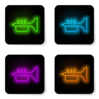 Parlayan neon hattı Trumpet simgesi beyaz arkaplanda izole edildi. Müzik aleti trompeti. Siyah kare düğme. Vektör