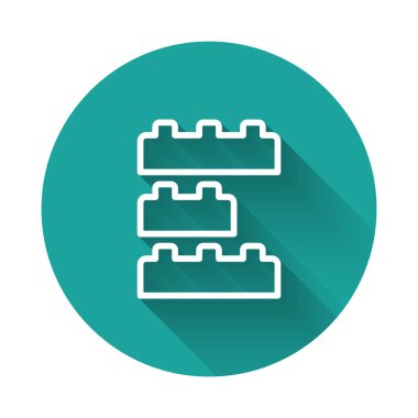 Beyaz çizgi oyuncakları, uzun gölge arkaplan ile izole edilmiş çocuk simgesi için blok tuğlaları oluşturuyor. Yeşil daire düğmesi. Vektör